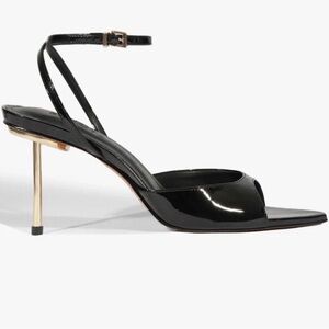SCHUTZ Black Patent Peep-Toe Stiletto Sandal with Gold Heel